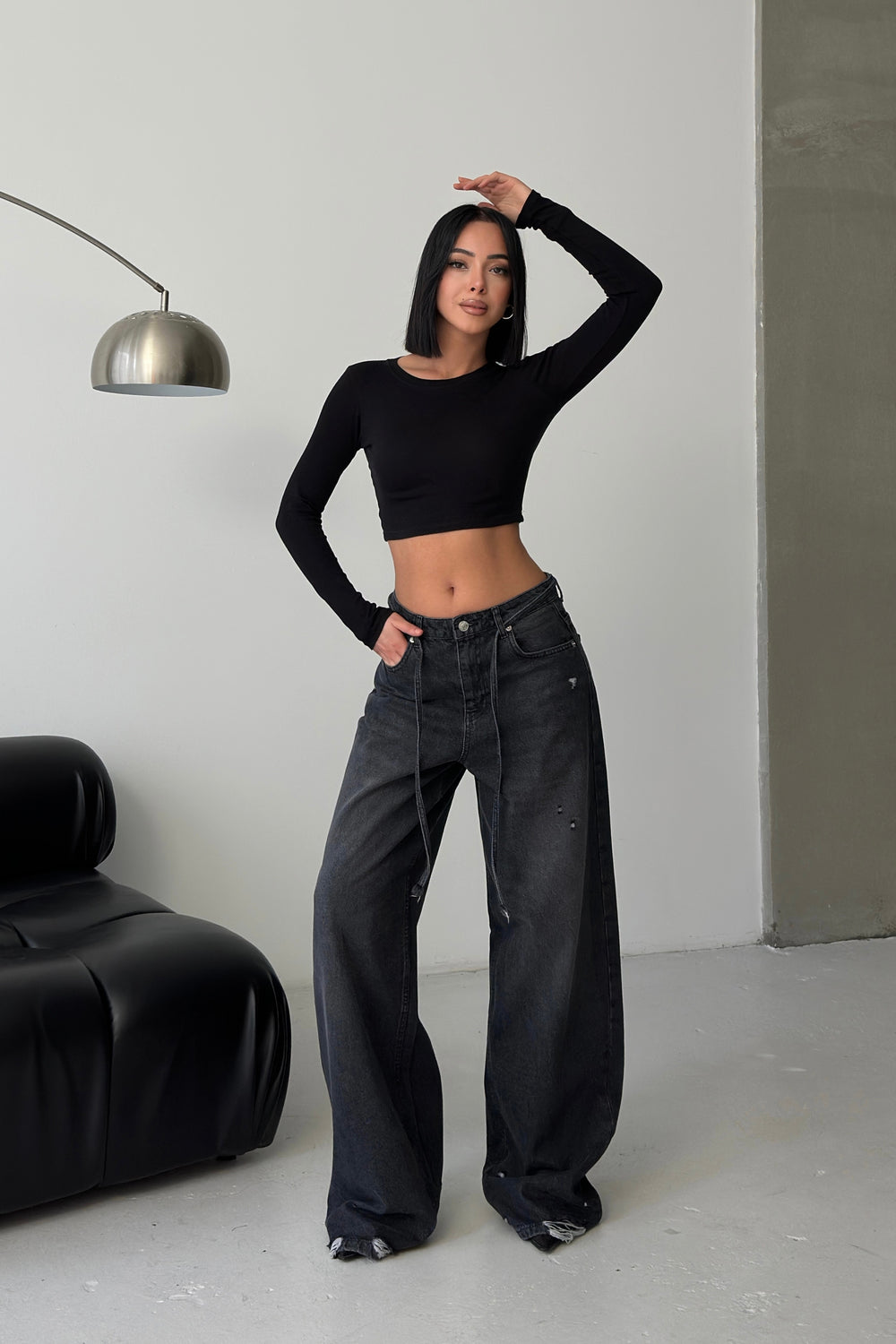 Routines Washed Drawstring Jeans - Anthracite 3652 Jeans Routines Fashion