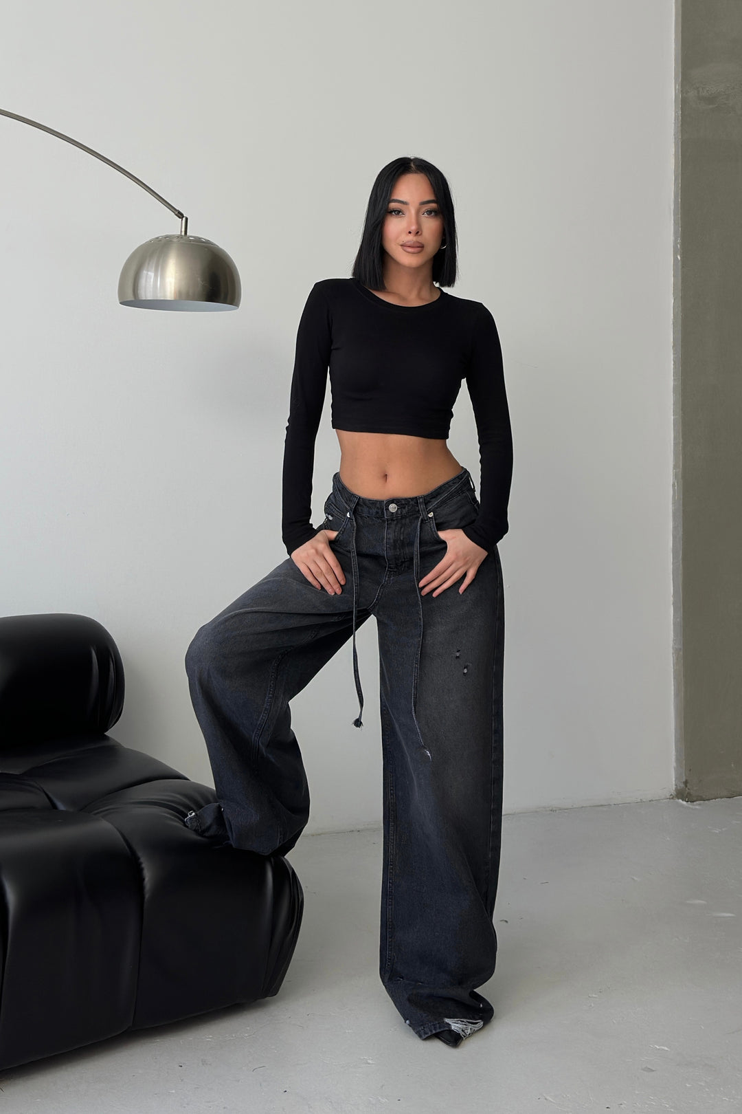 Routines Washed Drawstring Jeans - Anthracite 3652 Jeans Routines Fashion