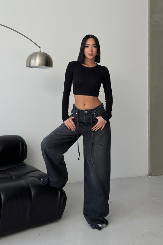 Routines Washed Drawstring Jeans - Anthracite 3652 Jeans Routines Fashion