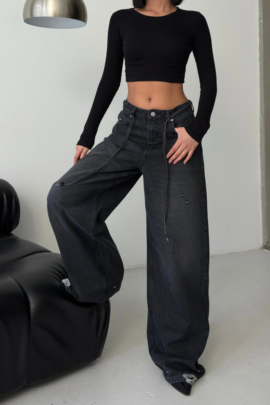 Routines Washed Drawstring Jeans - Anthracite 3652 Jeans Routines Fashion