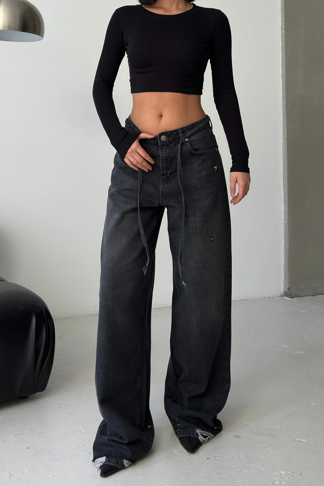 Routines Washed Drawstring Jeans - Anthracite 3652 Jeans Routines Fashion