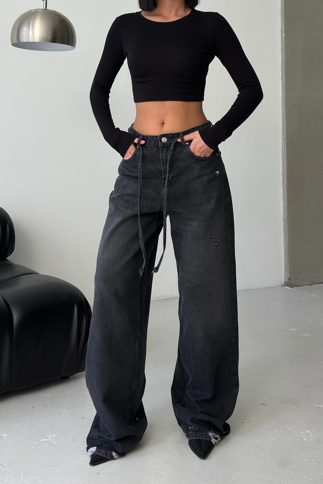 Routines Washed Drawstring Jeans - Anthracite 3652 Jeans Routines Fashion