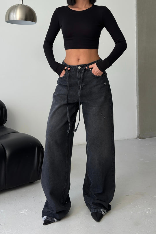 Routines Washed Drawstring Jeans - Anthracite 3652 Jeans Routines Fashion