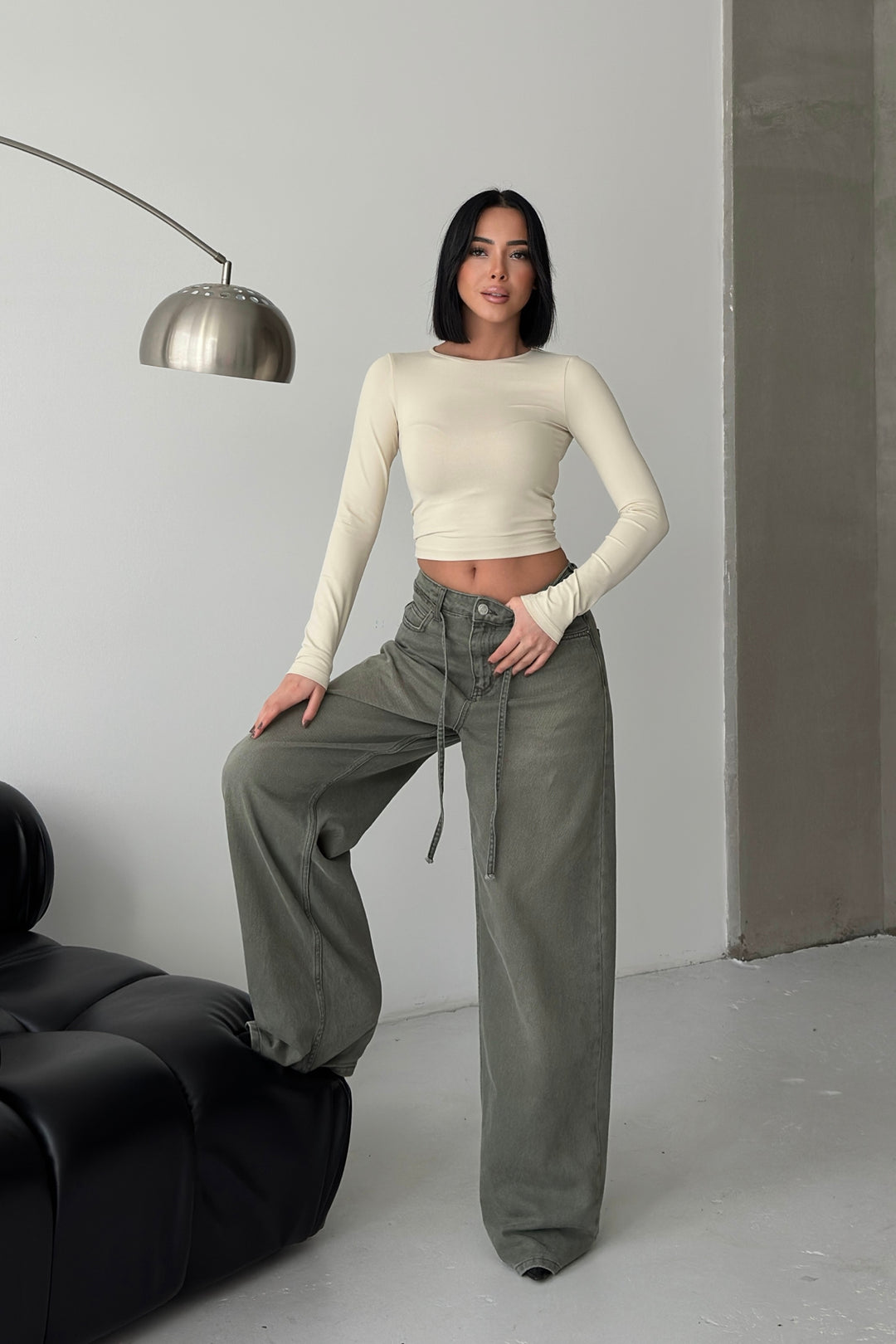 Routines Washed Drawstring Jeans - Army Green 3699 Jeans Routines Fashion