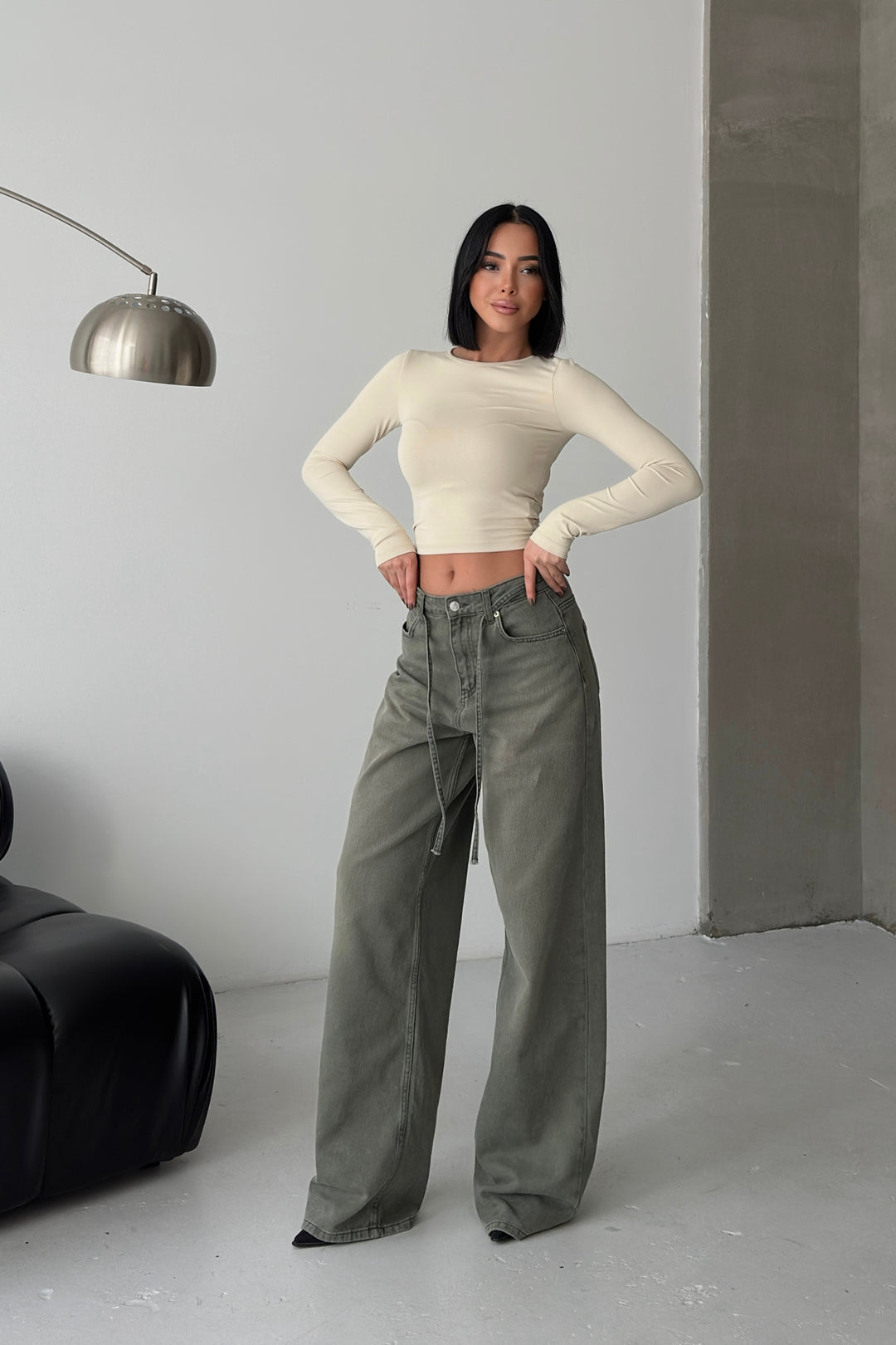 Routines Washed Drawstring Jeans - Army Green 3699 Jeans Routines Fashion