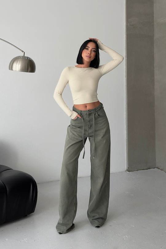 Routines Washed Drawstring Jeans - Army Green 3699 Jeans Routines Fashion