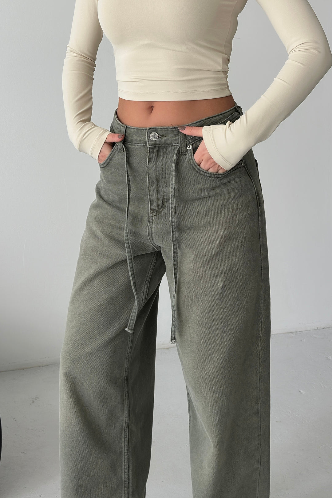 Routines Washed Drawstring Jeans - Army Green 3699 Jeans Routines Fashion