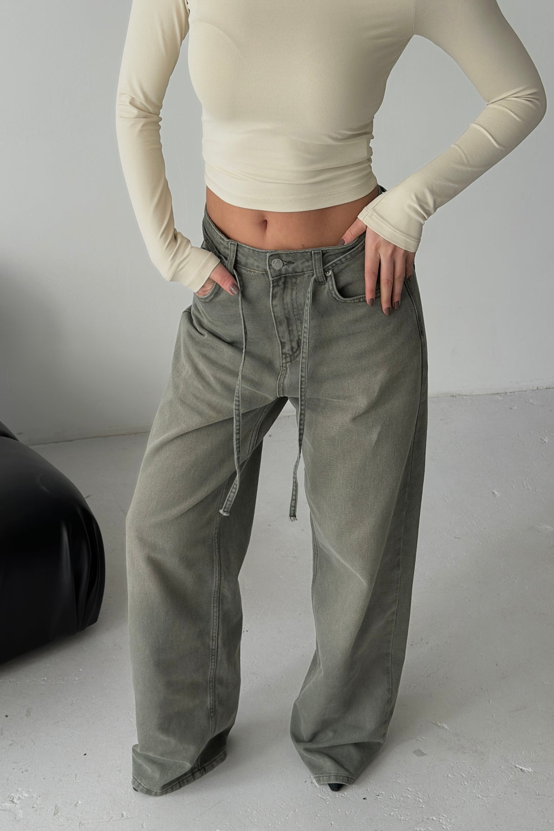 Routines Washed Drawstring Jeans - Army Green 3699 Jeans Routines Fashion