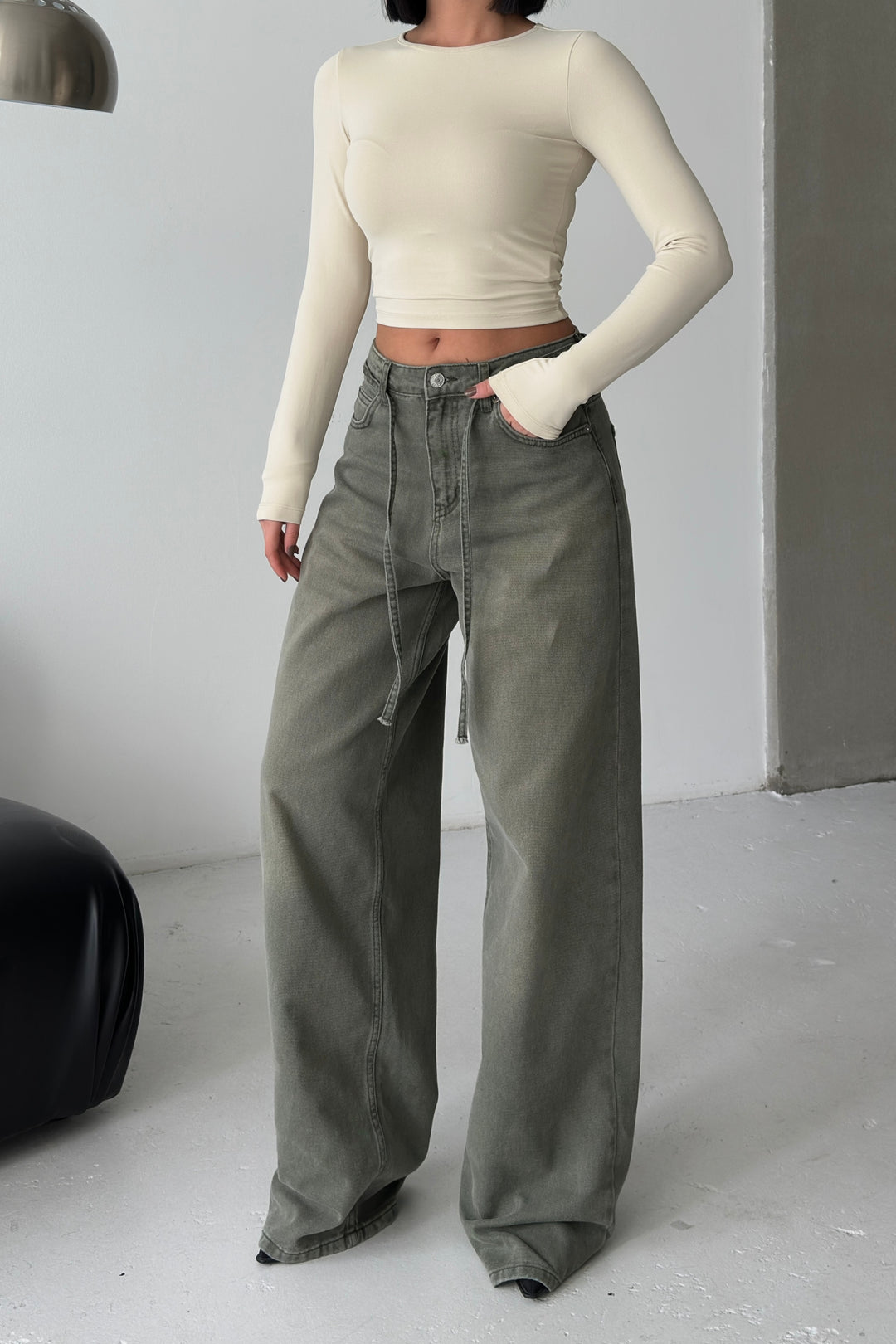 Routines Washed Drawstring Jeans - Army Green 3699 Jeans Routines Fashion