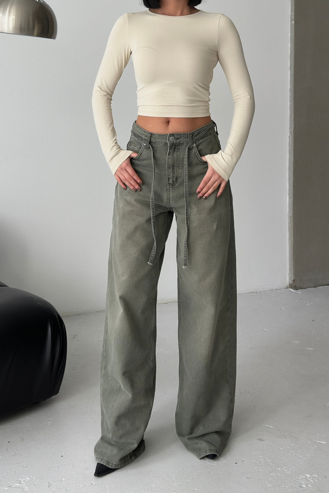 Routines Washed Drawstring Jeans - Army Green 3699 Jeans Routines Fashion