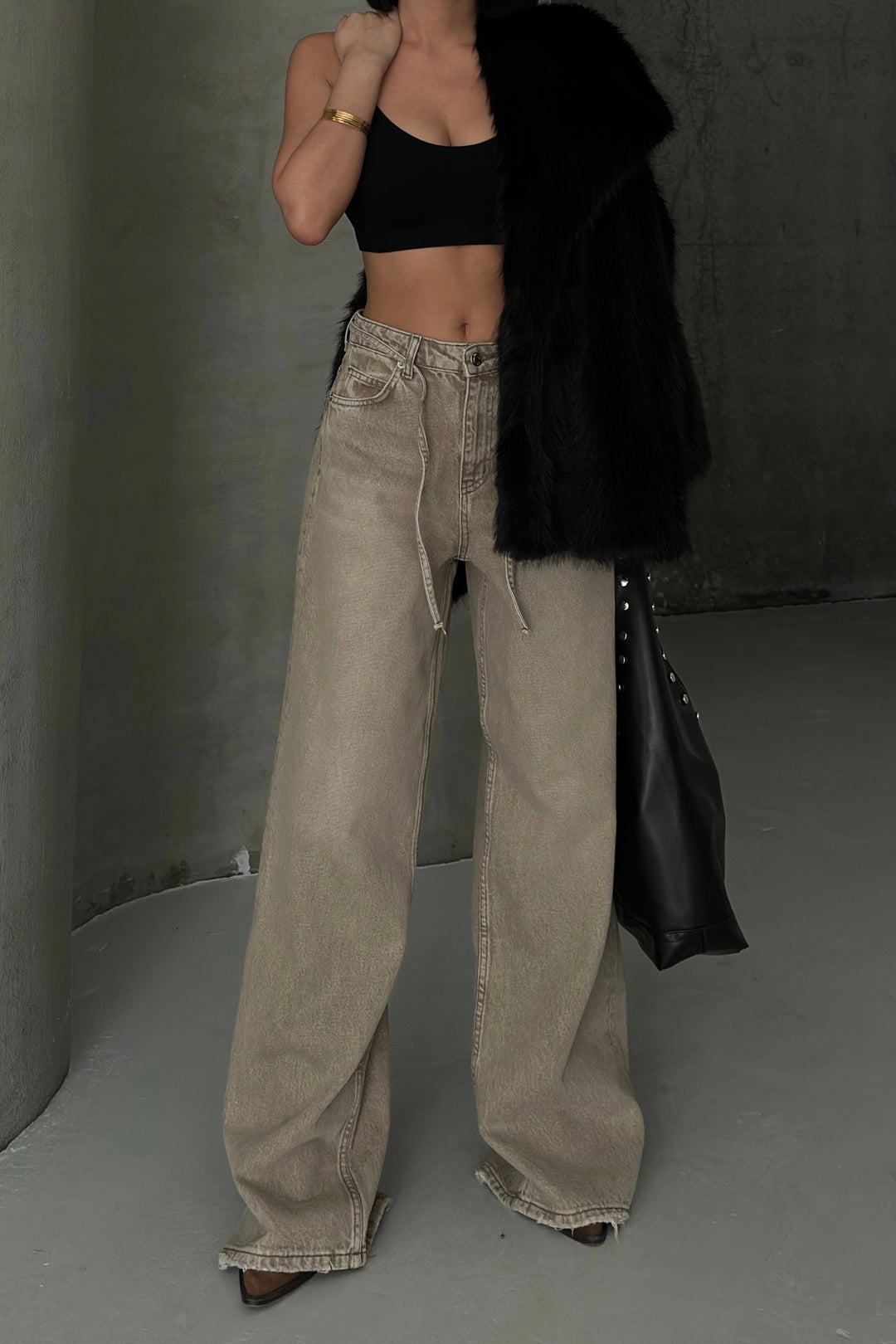 Routines Washed Drawstring Jeans - Beige 3678 Jeans Routines Fashion