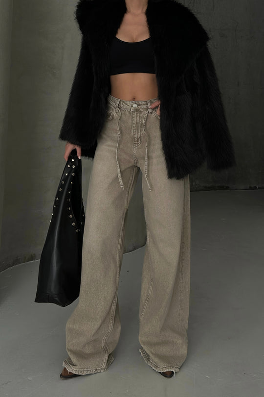 Routines Washed Drawstring Jeans - Beige 3678 Jeans Routines Fashion