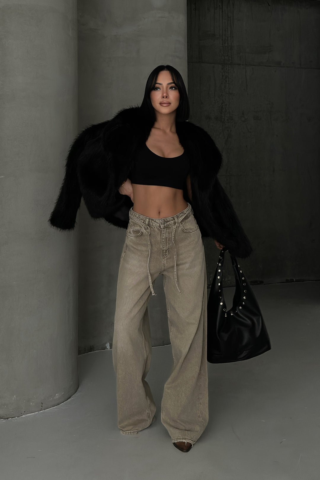 Routines Washed Drawstring Jeans - Beige 3678 Jeans Routines Fashion