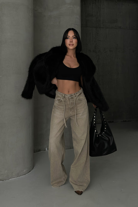 Routines Washed Drawstring Jeans - Beige 3678 Jeans Routines Fashion