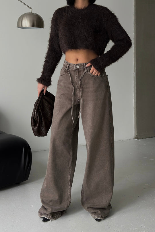 Routines Washed Drawstring Jeans - Brown 3639 Jeans Routines Fashion