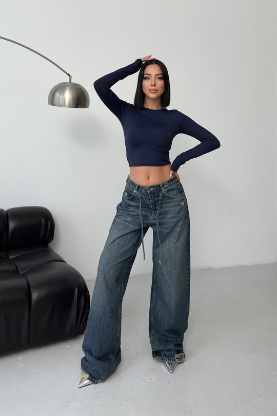 Routines Washed Drawstring Jeans - Dark Blue 3703