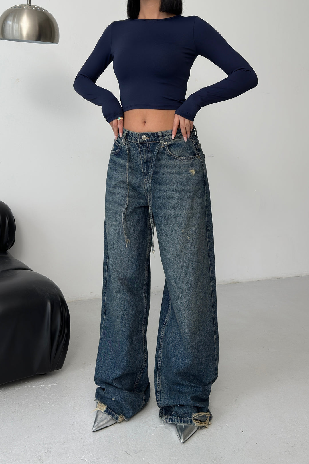 Routines Washed Drawstring Jeans - Dark Blue 3703