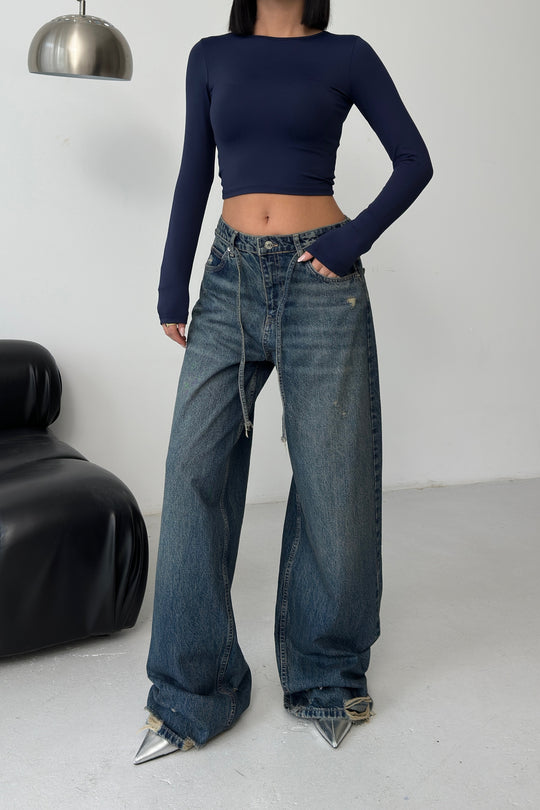 Routines Washed Drawstring Jeans - Dark Blue 3703