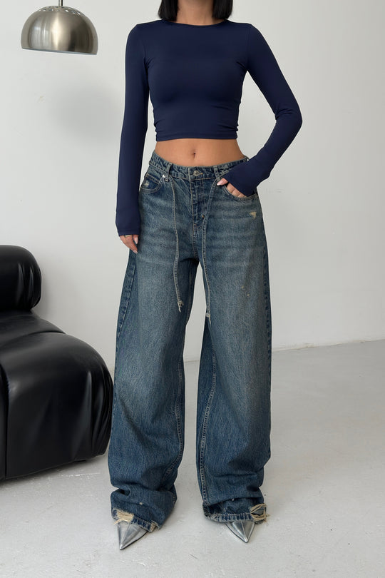 Routines Washed Drawstring Jeans - Dark Blue 3703