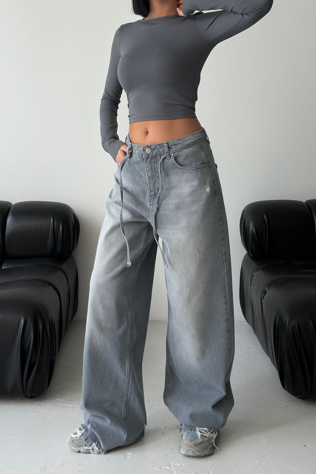 Routines Washed Drawstring Jeans - Grey 3651 Jeans Routines Fashion