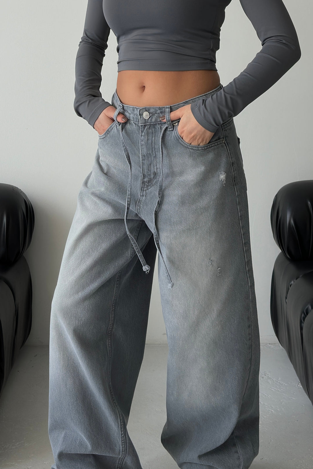 Routines Washed Drawstring Jeans - Grey 3651 Jeans Routines Fashion