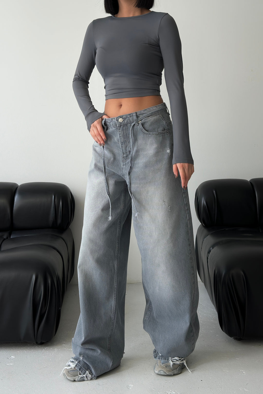 Routines Washed Drawstring Jeans - Grey 3651 Jeans Routines Fashion