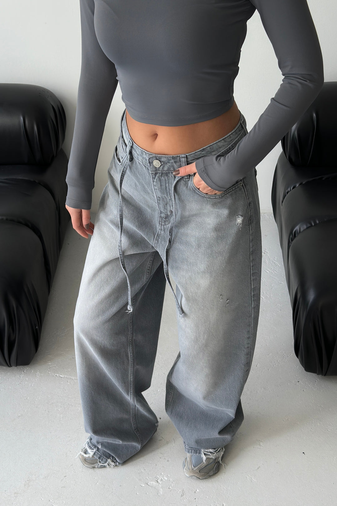 Routines Washed Drawstring Jeans - Grey 3651 Jeans Routines Fashion