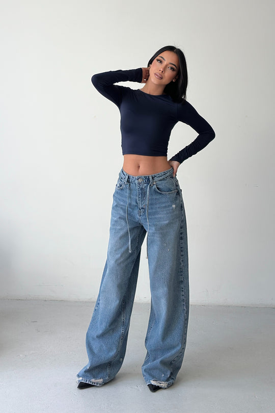 Routines Washed Drawstring Jeans - Mid Blue 3716