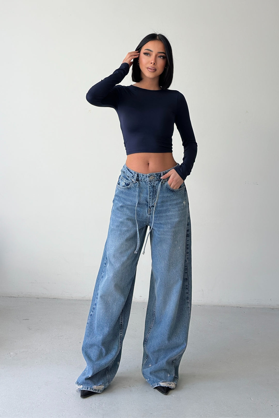 Routines Washed Drawstring Jeans - Mid Blue 3716