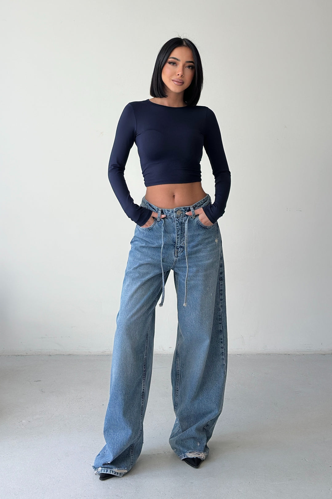 Routines Washed Drawstring Jeans - Mid Blue 3716