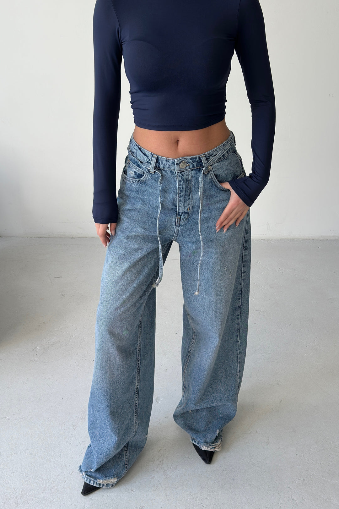 Routines Washed Drawstring Jeans - Mid Blue 3716