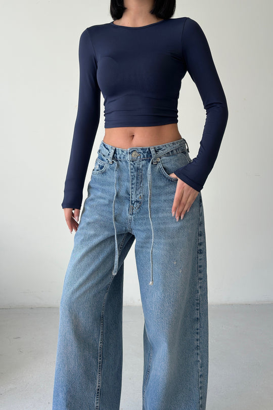 Routines Washed Drawstring Jeans - Mid Blue 3716