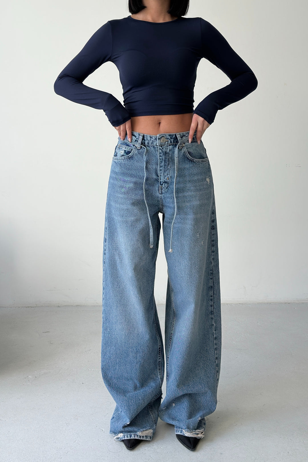 Routines Washed Drawstring Jeans - Mid Blue 3716