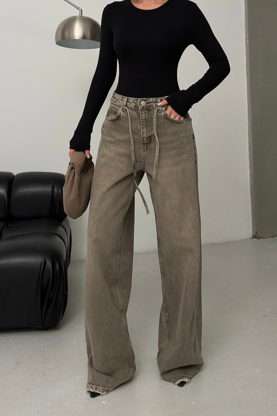 Routines Washed Drawstring Jeans - Olive 3677 Jeans Routines Fashion