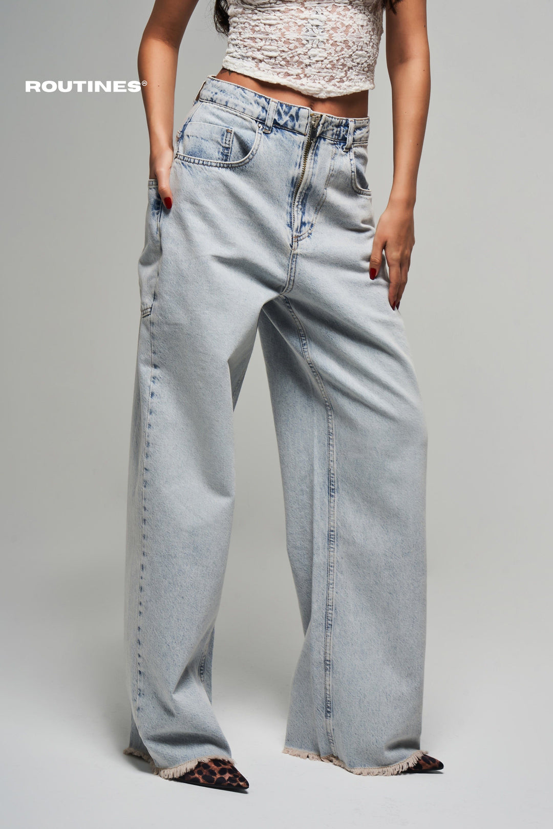 Routines Zipper Baggy Jeans - Washed Blue 3842 Jeans Routines Fashion