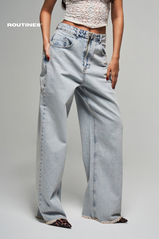 Routines Zipper Baggy Jeans - Washed Blue 3842 Jeans Routines Fashion