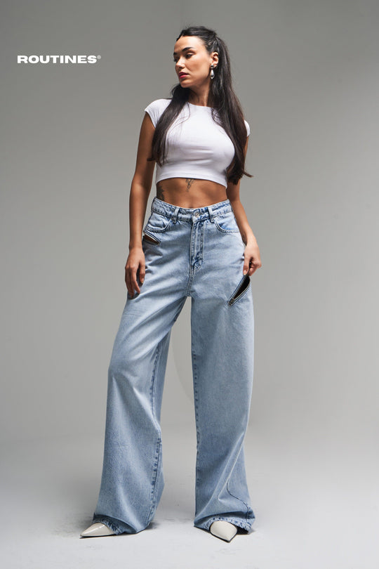 Routines Zippers Baggy Jeans - Washed Blue 3837-4S5 Jeans Routines Fashion