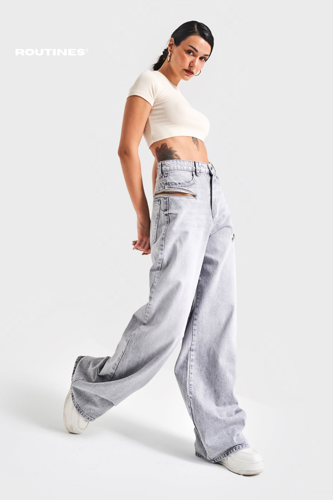 Routines Zippers Baggy Jeans - Washed Grey 3837-4S5 Jeans Routines Fashion