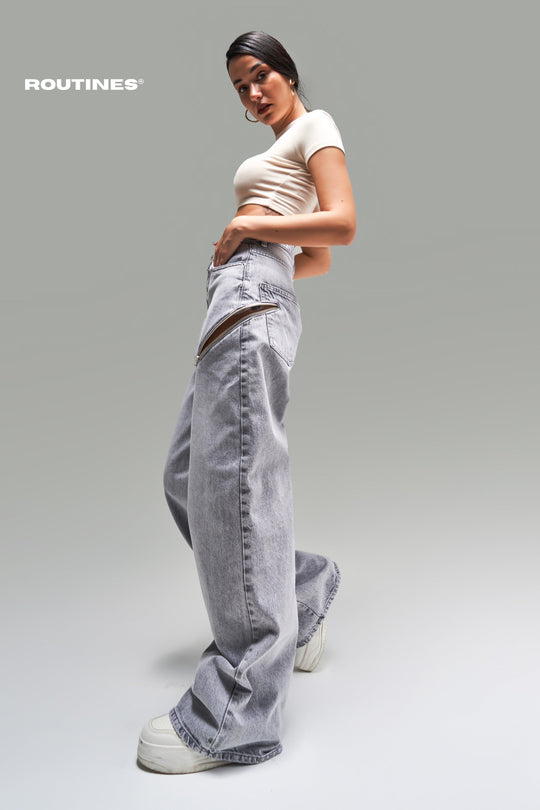 Routines Zippers Baggy Jeans - Washed Grey 3837-4S5 Jeans Routines Fashion