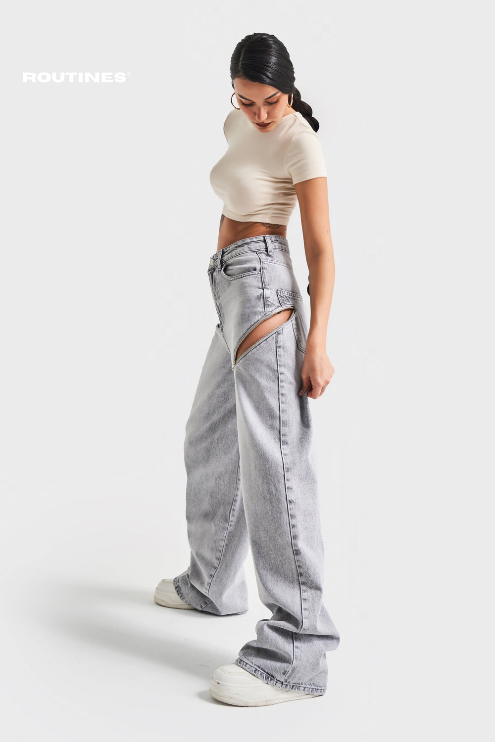 Routines Zippers Baggy Jeans - Washed Grey 3837-4S5 (PRE-ORDER) Jeans Routines Fashion