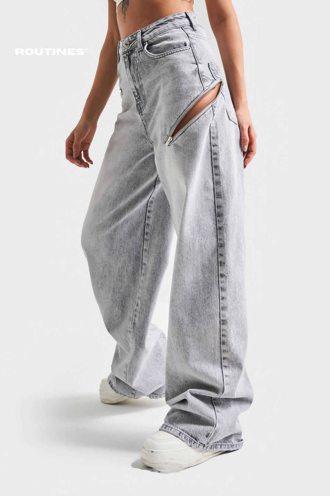Routines Zippers Baggy Jeans - Washed Grey 3837-4S5 (PRE-ORDER) Jeans Routines Fashion