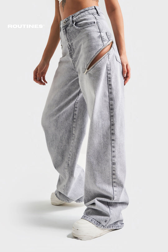 Routines Zippers Baggy Jeans - Washed Grey 3837-4S5 Jeans Routines Fashion