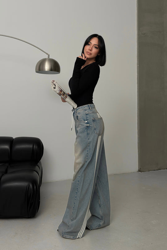 Routines Back Striped Baggy Jeans - Vintage Blue 3585 Jeans Routines Fashion