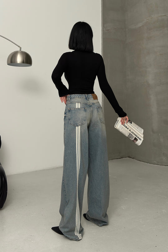 Routines Back Striped Baggy Jeans - Vintage Blue 3585 Jeans Routines Fashion