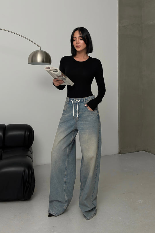 Routines Back Striped Baggy Jeans - Vintage Blue 3585 Jeans Routines Fashion