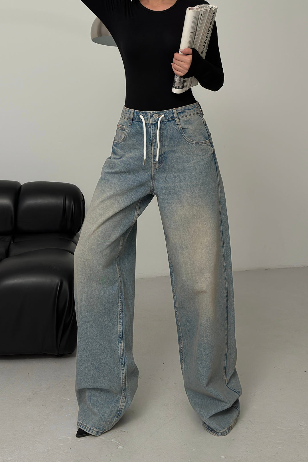 Routines Back Striped Baggy Jeans - Vintage Blue 3585 Jeans Routines Fashion