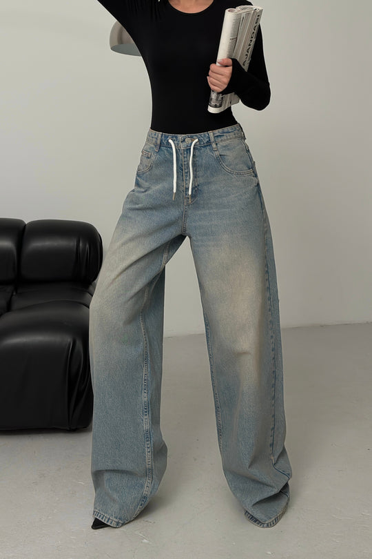 Routines Back Striped Baggy Jeans - Vintage Blue 3585 Jeans Routines Fashion