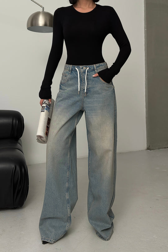 Routines Back Striped Baggy Jeans - Vintage Blue 3585 Jeans Routines Fashion