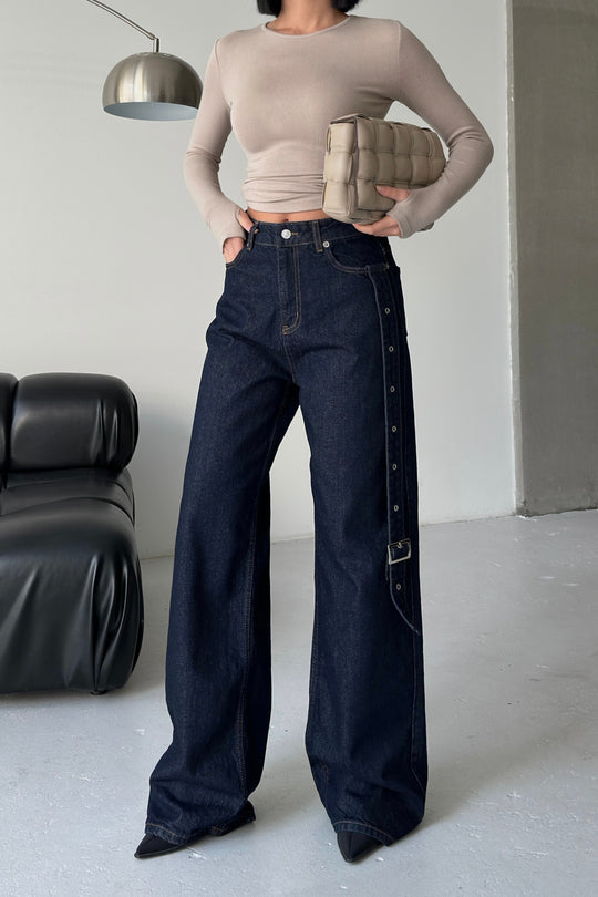 Routines Belt Baggy Straight Jeans - Dark Blue 3681 Jeans Routines Fashion