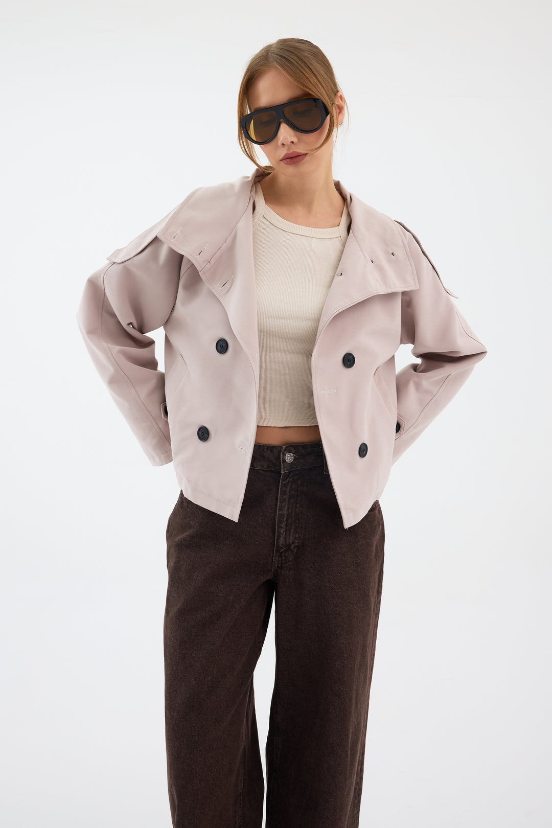 Routines Cropped Trench Coat - Stone 8030 Coat Routines Fashion